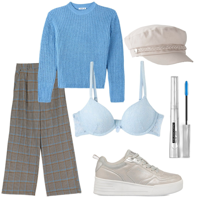 Outfit donna - Total look #1777269. Stile Casual chic per Tutti i giorni. Abbinamento con cappelli, mascara, reggiseni, maglieria, sneakers, pantaloni a palazzo.