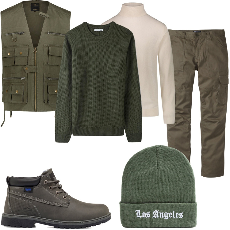 Outfit uomo - Passeggiata di mattina nel bosco. Stile Trendy per Tutti i giorni. Abbinamento con pantaloni cargo, stivali e stivaletti, maglieria, gilet, berretti, maglieria.