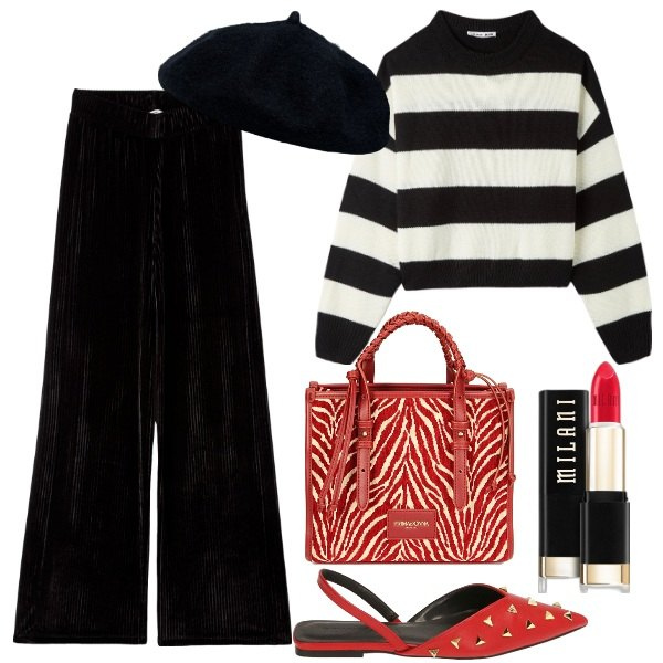 Outfit donna - Profumo di baguette. Stile Vintage retrò per Tutti i giorni. Abbinamento con rossetti, pantaloni a palazzo, maglieria, ballerine, borse a mano, cappelli e berretti.