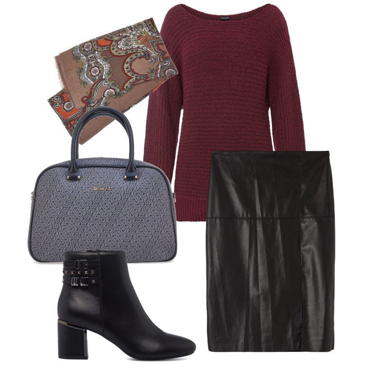 Outfit donna - Ecopelle. Stile Chic per Ufficio. Abbinamento con maglieria, gonne longuette, stivaletti, borse a mano, sciarpe.