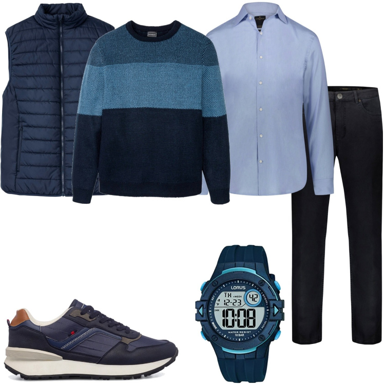 Outfit uomo - Elegante con lo smanicato. Stile Trendy per Tutti i giorni. Abbinamento con gilet, maglieria, sneakers, pantaloni, orologi digitali, camicie.