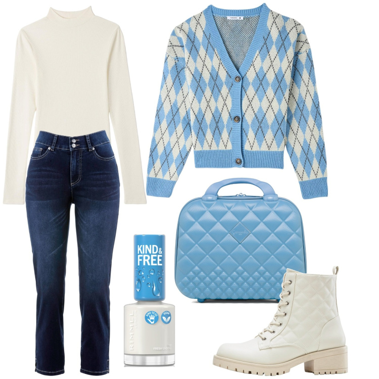 Outfit donna - My day. Stile Trendy per Tutti i giorni. Abbinamento con stivaletti, jeans dritti, smalti, t-shirt, cardigans, valigie.