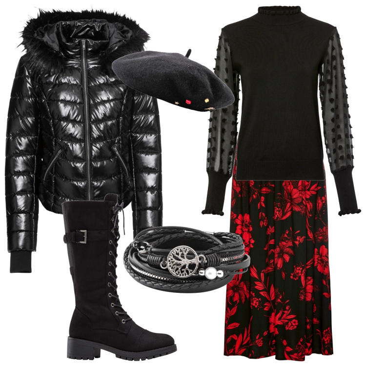 Outfit donna - Al concerto. Stile Boho per Serata fuori. Abbinamento con gonne lunghe, cappelli e berretti, braccialetti, maglieria, cappotti, stivali.
