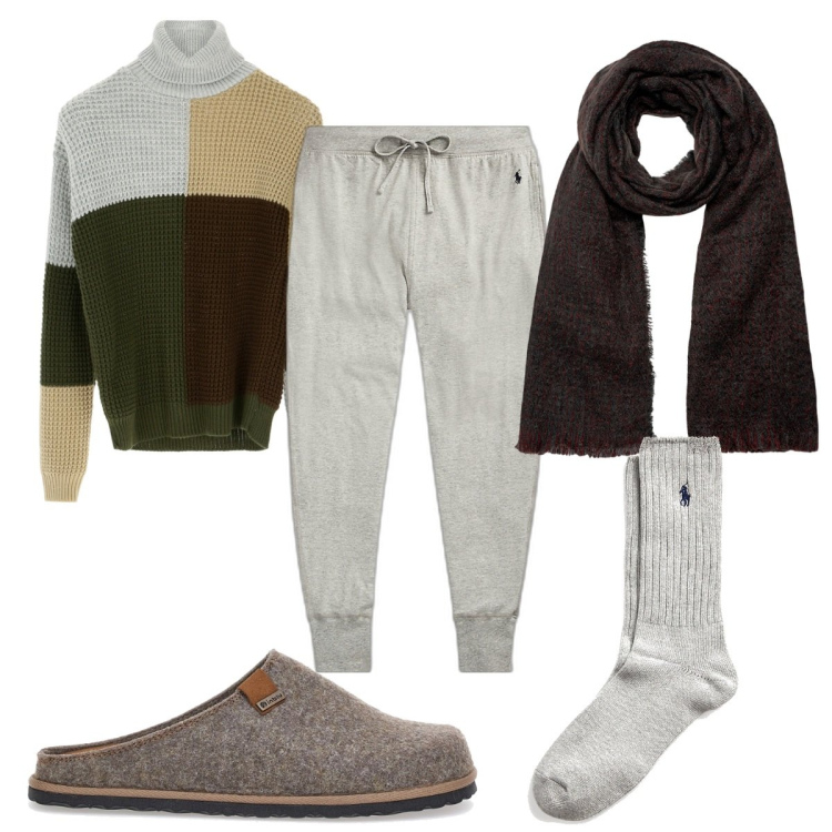 Outfit uomo - Serata in pantofole. Stile Trendy per Tutti i giorni. Abbinamento con maglieria, pantaloni, calzini, pantofole, sciarpe.
