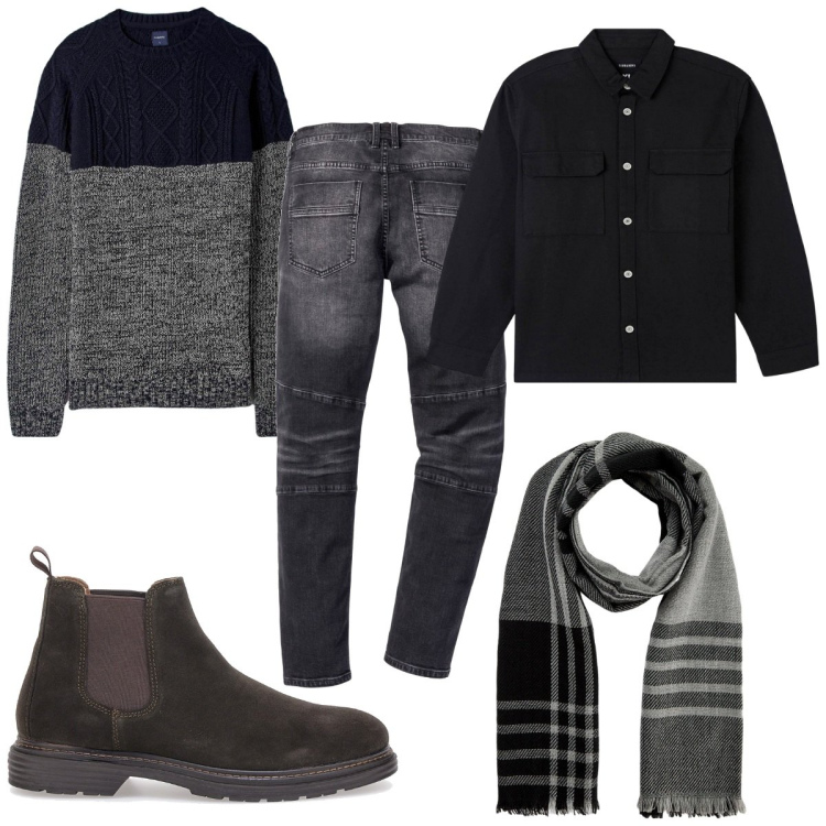 Outfit uomo - Total look #1777302. Stile Casual per Tutti i giorni. Abbinamento con jeans slim fit, cappotti, maglieria, sciarpe, stivali e stivaletti.