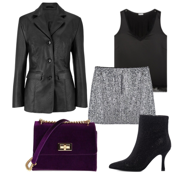Outfit donna - Una notte scintillante. Stile Glamour per Serata fuori. Abbinamento con blazer, borse a tracolla, minigonne, stivaletti, top.