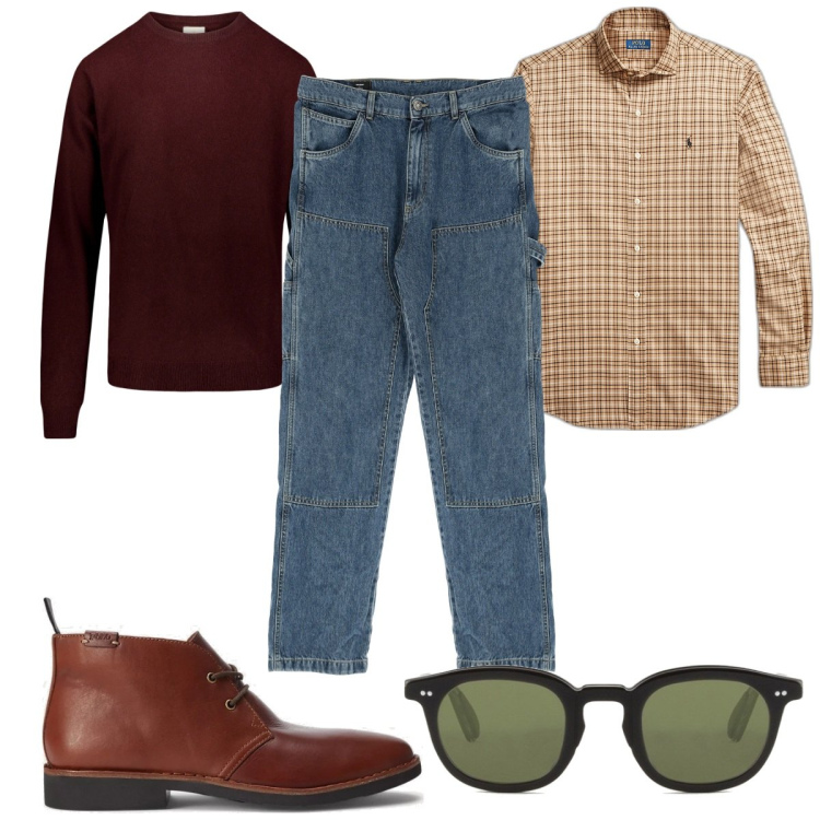 Outfit uomo - Total look #1777308. Stile Trendy per Tutti i giorni. Abbinamento con pantaloni, stivali e stivaletti, camicie, maglieria, occhiali da sole.