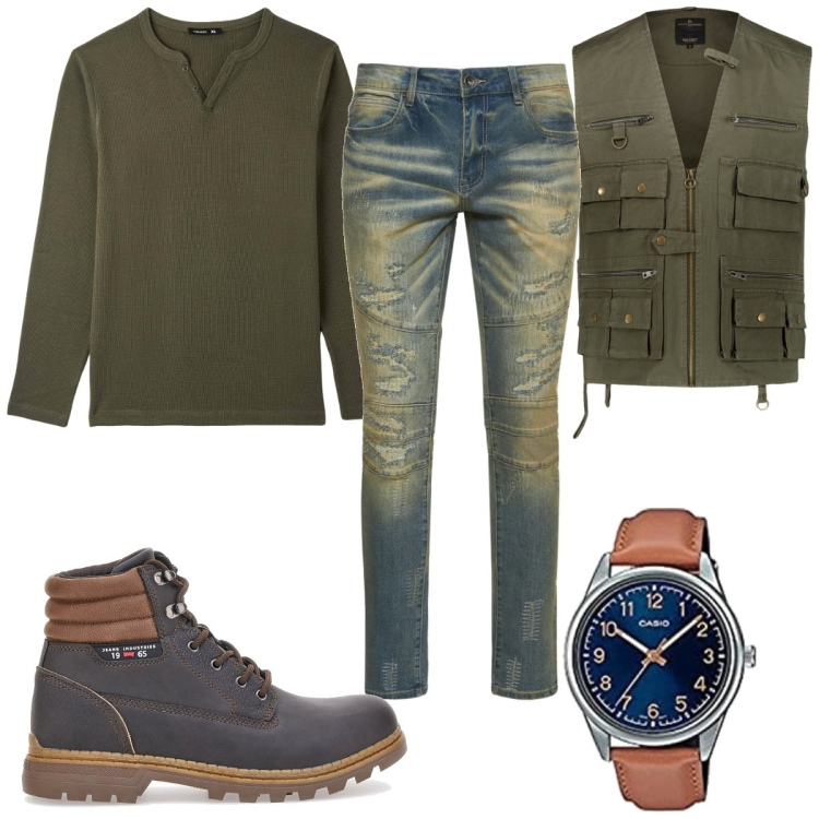 Outfit uomo - Total look #1777313. Stile Casual per Tutti i giorni. Abbinamento con gilet, jeans, t-shirt, orologi, stivali e stivaletti.