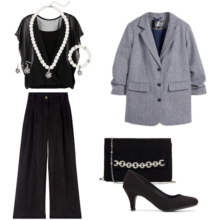 Outfit donna - Xmas Bonprix - Dicembre. Stile Casual chic per Serata fuori. Abbinamento con décolleté, braccialetti, bluse, blazer, pantaloni, pochette.