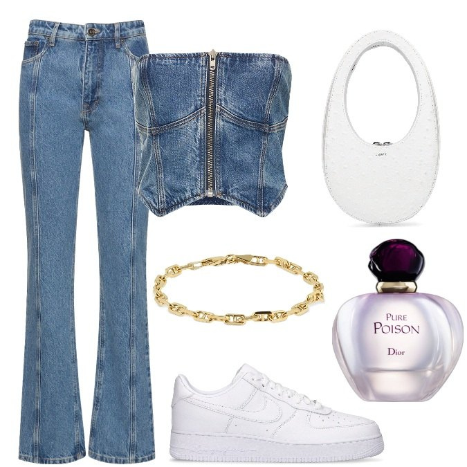 Outfit donna - Total look #1777319. Stile Trendy per Tutti i giorni. Abbinamento con profumi, sneakers, braccialetti, borse a mano, jeans dritti, top.