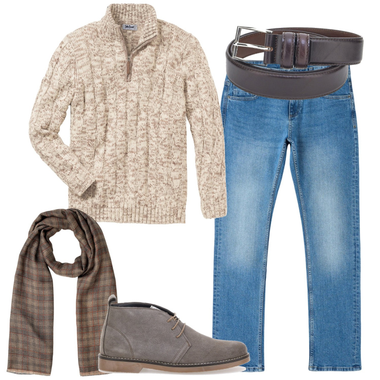 Outfit uomo - Total look #1777320. Stile Casual per Tutti i giorni. Abbinamento con maglieria, jeans dritti, cinture, sciarpe, scarpe stringate.