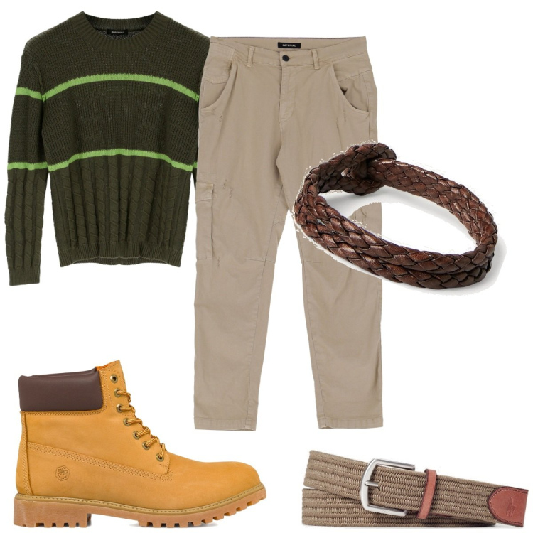 Outfit uomo - Total look #1777322. Stile Trendy per Tutti i giorni. Abbinamento con pullovers, pantaloni, braccialetti, cinture, stivali e stivaletti.
