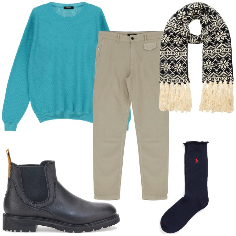 Outfit uomo - Total look #1777328. Stile Trendy per Tutti i giorni. Abbinamento con pantaloni, pullovers, sciarpe, calzini, stivali e stivaletti.