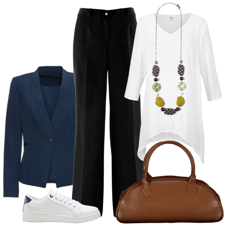 Outfit donna - Elegante con le Sneakers. Stile Casual chic per Tutti i giorni. Abbinamento con blazer, tuniche, pantaloni, sneakers, collane, borse a spalla.