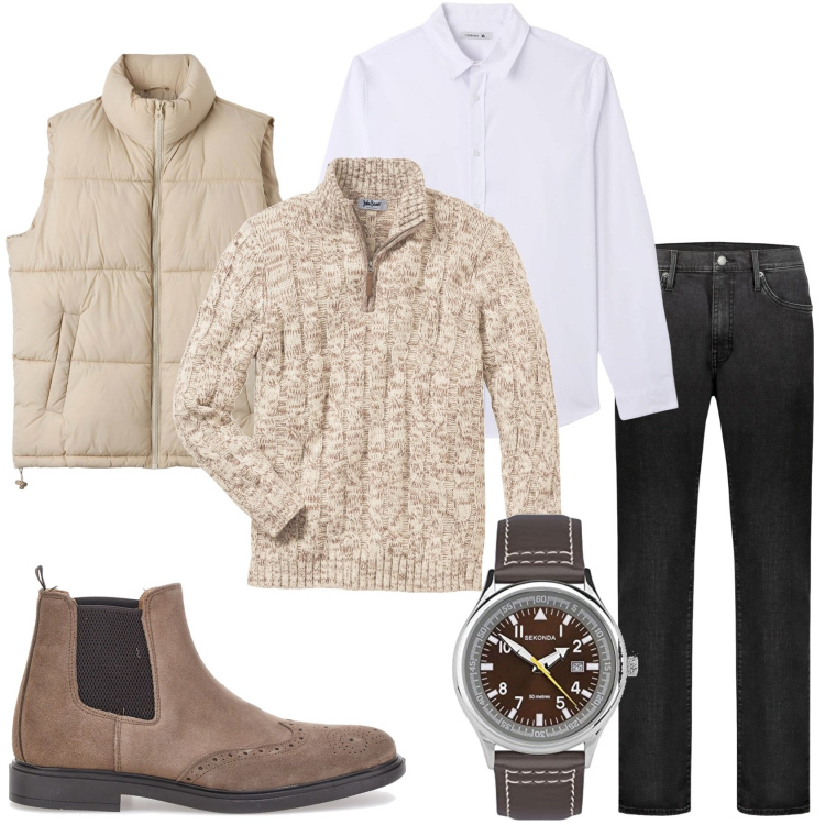 Outfit uomo - Giornata a casa di amici. Stile Trendy per Tutti i giorni. Abbinamento con maglieria, piumini, camicie, orologi, jeans, stivali e stivaletti.