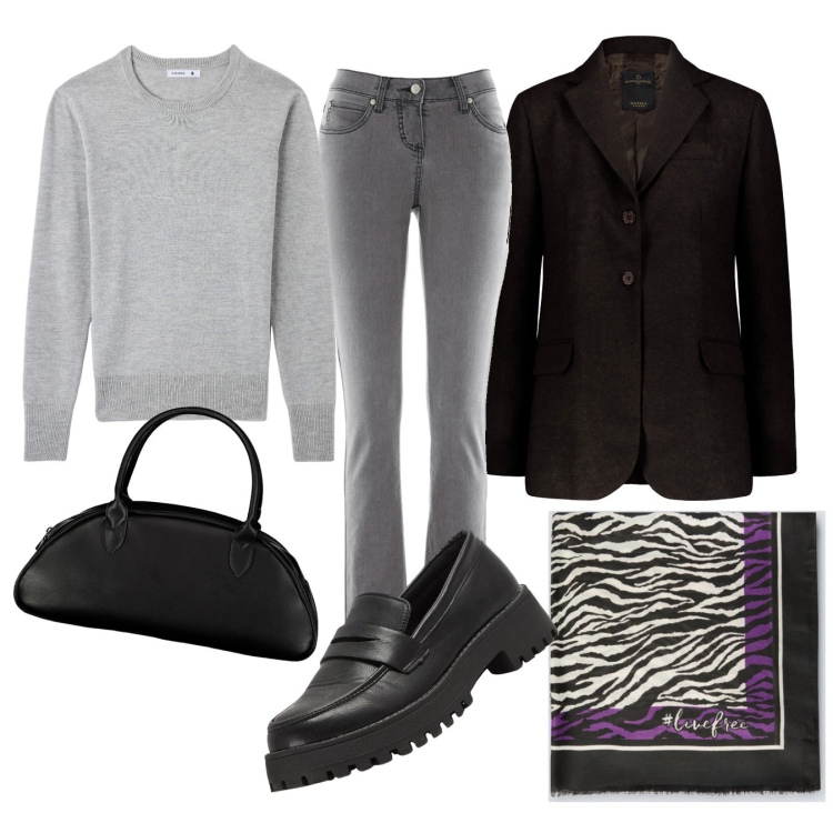Outfit donna - Un tocco di vìola. Stile Casual chic per Ufficio. Abbinamento con jeans slim fit, mocassini, maglieria, blazer, sciarpe, borse a spalla.