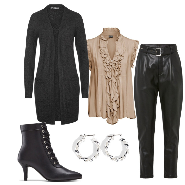 Outfit donna - Dai parenti. Stile Urban per Tutti i giorni. Abbinamento con maglieria, cardigans, orecchini, pantaloni, stivaletti.