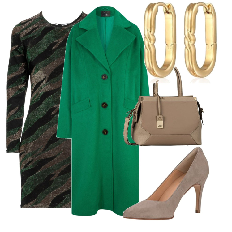 Outfit femme - Tenue pour Noël. Style Casual chic pour Soirée dehors. Assortir avec manteaux, boucles d'oreilles, robes courtes, chaussures à talon, sac cabas.