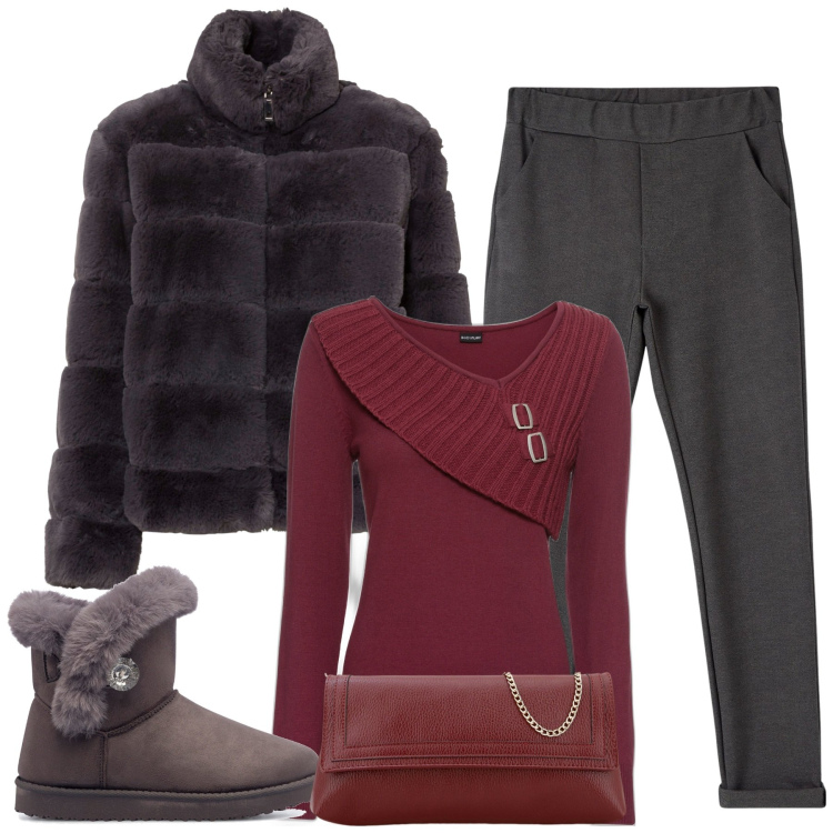 Outfit donna - Winter time. Stile Casual chic per Tutti i giorni. Abbinamento con maglieria, ecopellicce, pantaloni chino, pochette, stivaletti.