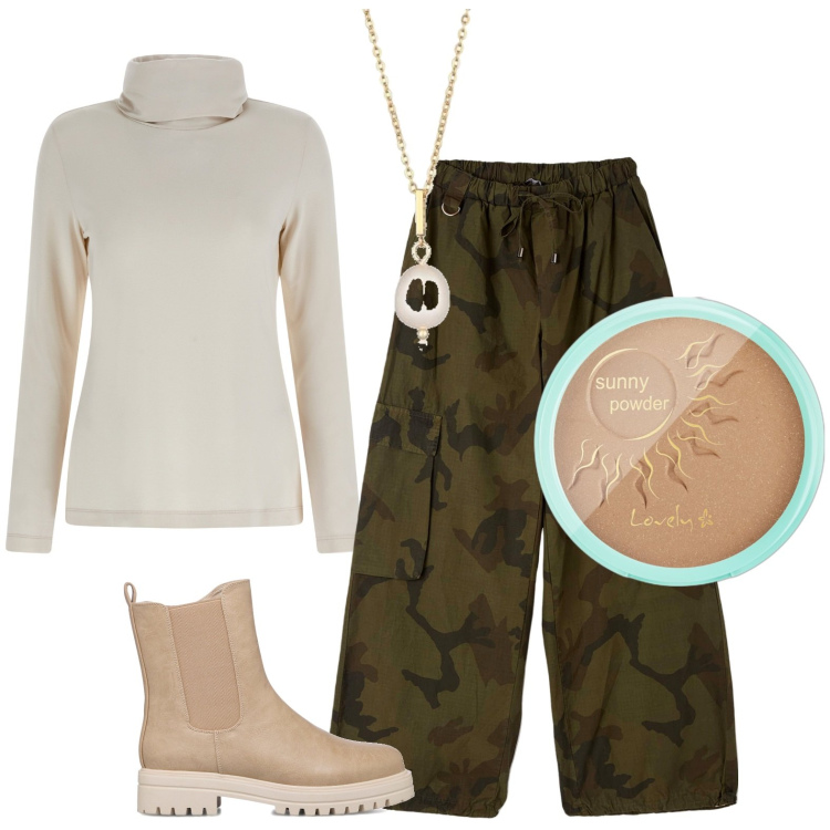 Outfit donna - Terra e bagliori di luce. Stile Minimal per Tutti i giorni. Abbinamento con terre, pantaloni cargo, maglieria, stivaletti, collane.