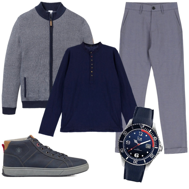Outfit uomo - Total look #1777399. Stile Business/Elegante per Ufficio. Abbinamento con cardigans, pantaloni, camicie, sneakers alte, orologi.