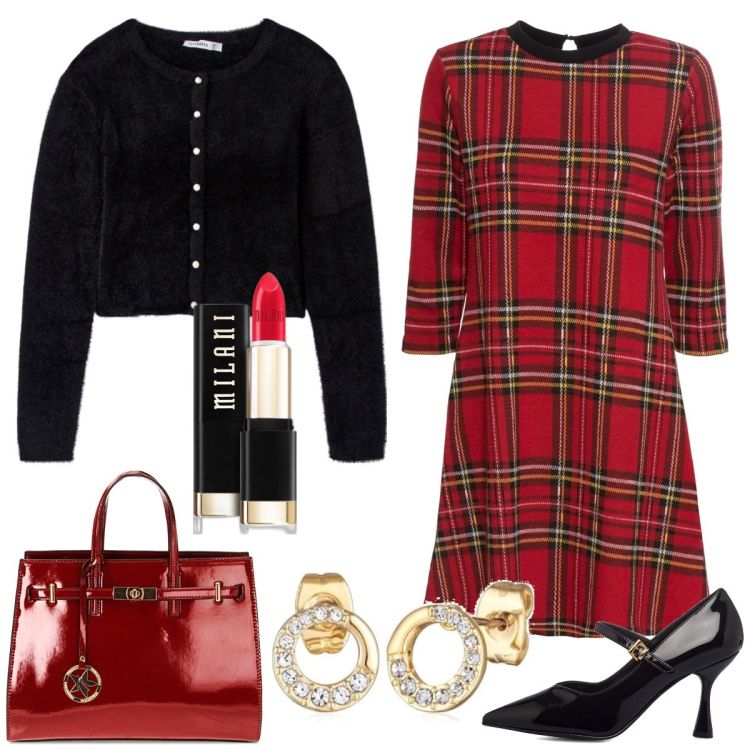 Outfit donna - L’abito chic per le feste. Stile Chic per Serata fuori. Abbinamento con vestiti corti, rossetti, cardigans, borse a mano, décolleté, orecchini.