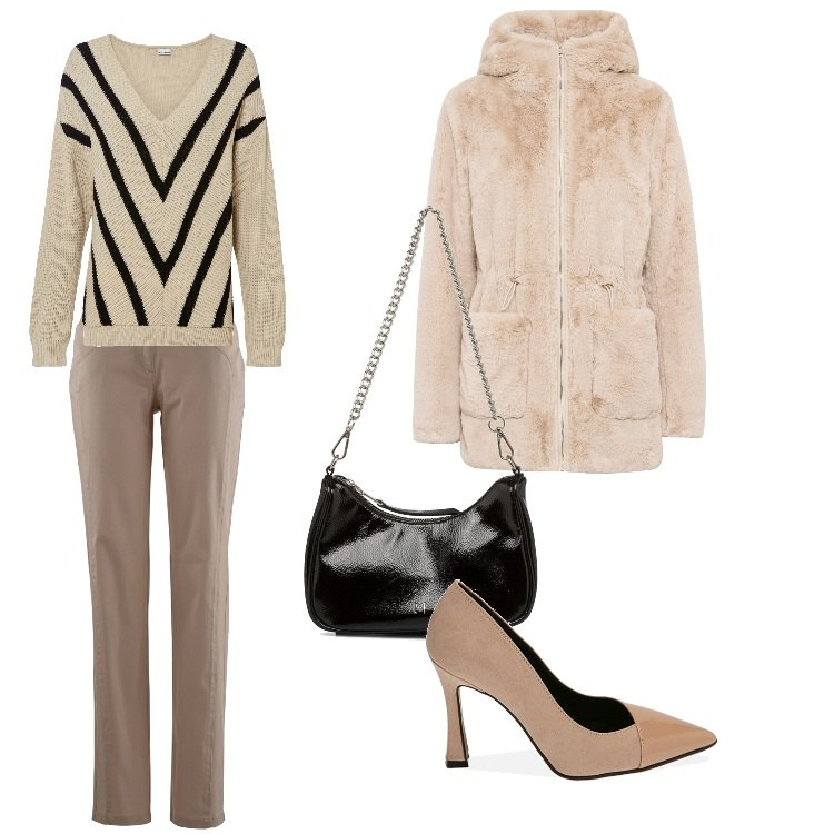 Outfit donna - Simil pelliccia con cappuccio - Dicembre. Stile Casual chic per Ufficio. Abbinamento con ecopellicce, maglieria, pantaloni sportivi, décolleté, borse a tracolla.