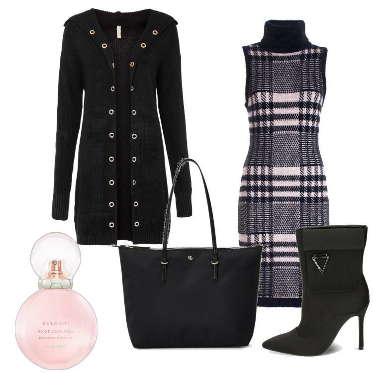 Outfit donna - Tartan in rosa. Stile Bon Ton per Ufficio. Abbinamento con cardigans, profumi, vestiti senza maniche, stivaletti, borse tote.