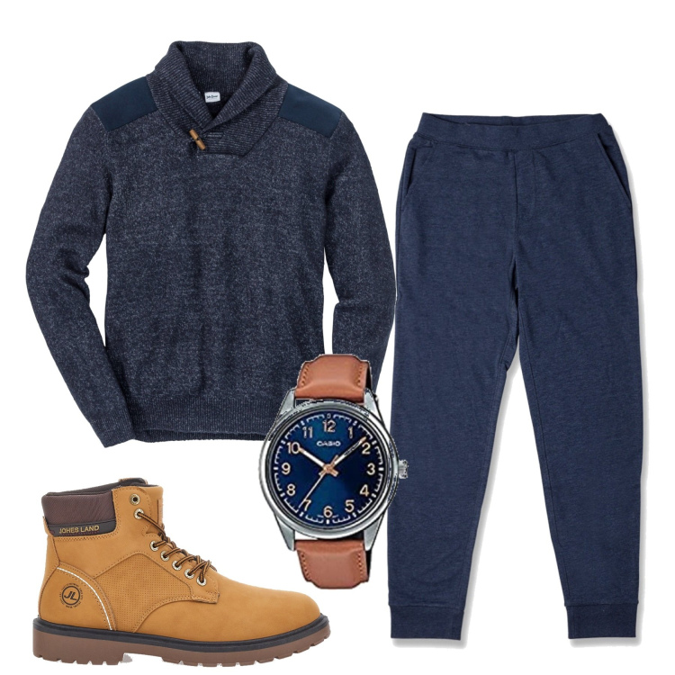 Outfit uomo - Blu melange. Stile Casual per Tutti i giorni. Abbinamento con maglieria, pantaloni, orologi, stivali e stivaletti.