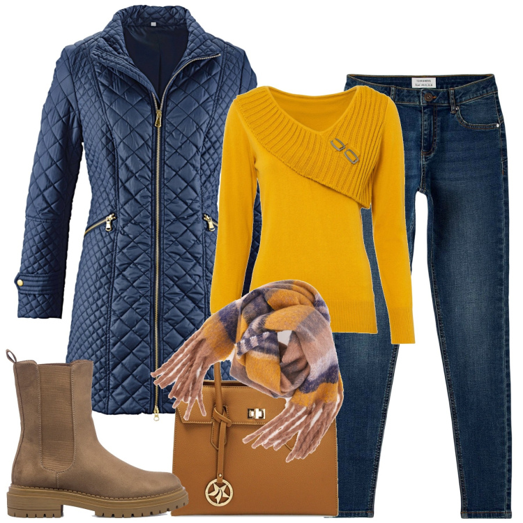 Outfit donna - Mattina per commissioni. Stile Basic per Tutti i giorni. Abbinamento con blazer, maglieria, jeans skinny, borse a mano, stivaletti, sciarpe.