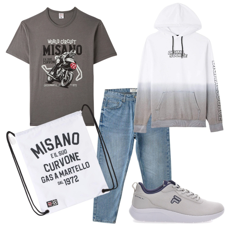 Outfit uomo - Misano. Stile Casual per Tutti i giorni. Abbinamento con borse sportive, jeans, t-shirt, felpe con cappuccio, sneakers.