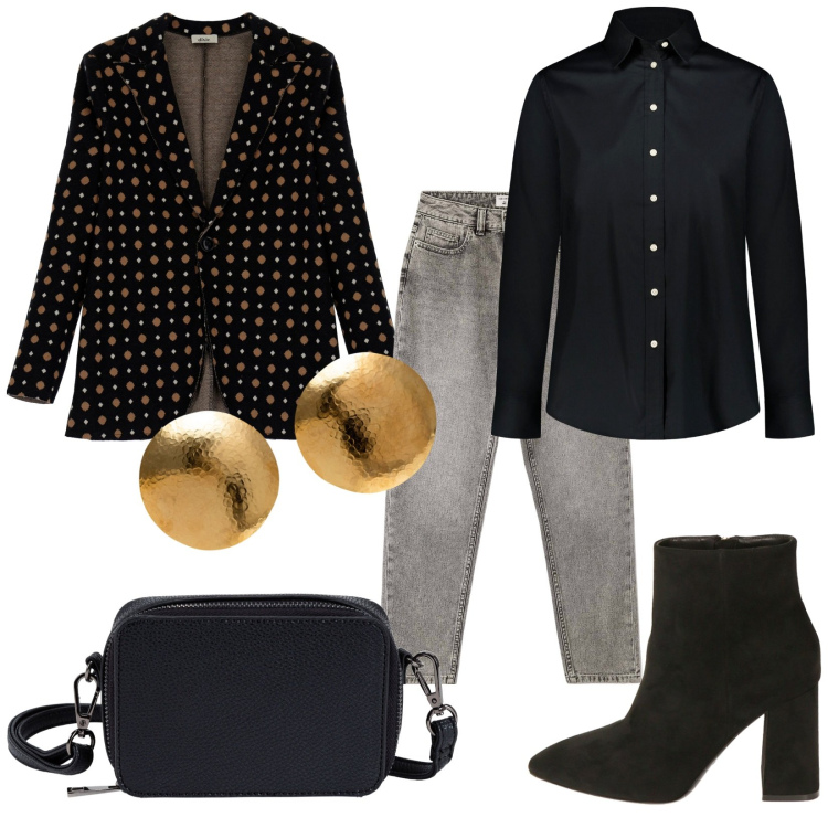 Outfit donna - Dopolavoro. Stile Casual chic per Tutti i giorni. Abbinamento con borse a tracolla, jeans mom, cappotti, stivaletti, camicie, orecchini.