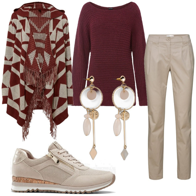 Outfit donna - Brigitte. Stile Casual per Tutti i giorni. Abbinamento con maglieria, pantaloni chino, sneakers, orecchini, cardigans.