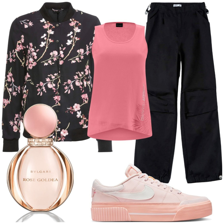Outfit donna - Sweetty. Stile Sporty chic per Scuola/Università. Abbinamento con bomber, profumi, pantaloni cargo, canottiere, sneakers.