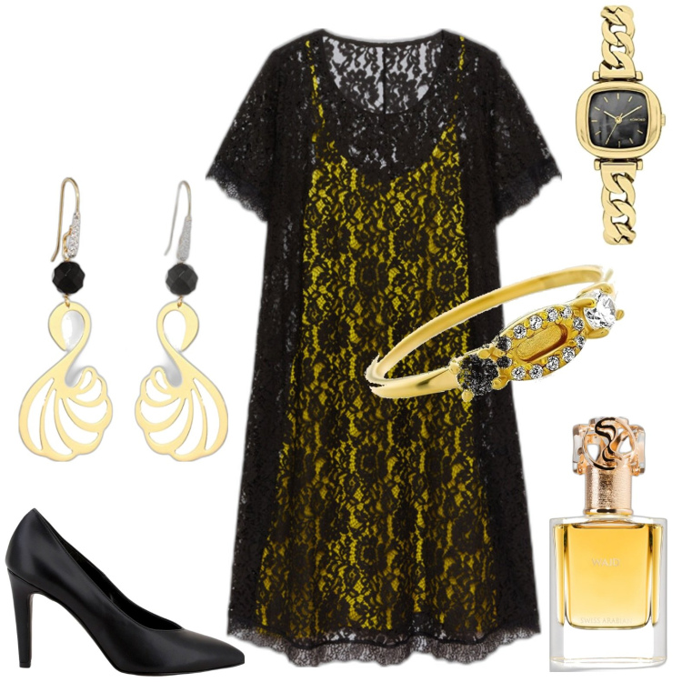 Outfit donna - Size Over 50. Stile Chic per Serata fuori. Abbinamento con profumi, décolleté, vestiti, orecchini, anelli, orologi analogici.