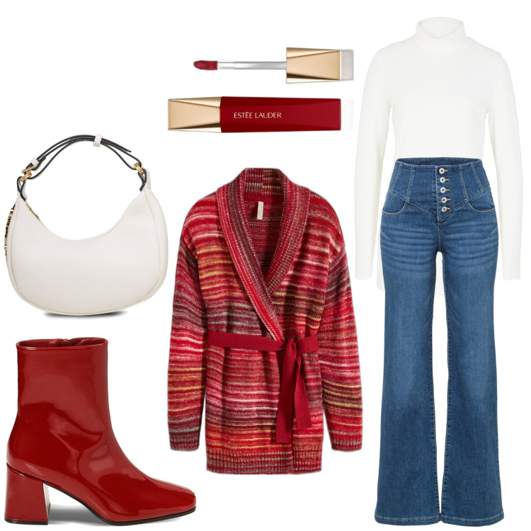 Outfit donna - Christmas time. Stile Etnico per Tutti i giorni. Abbinamento con maglieria, jeans a zampa, cardigans, rossetti, stivaletti, borse a mano.