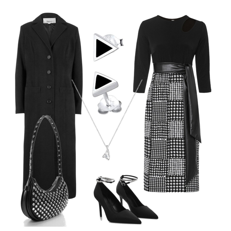 Outfit femme - Élégante avec une robe à carreaux. Style Chic pour Soirée dehors. Assortir avec robes mi-longues/au genou, manteaux, sacs à l'épaule, chaussures à talon, colliers, boucles d'oreilles.