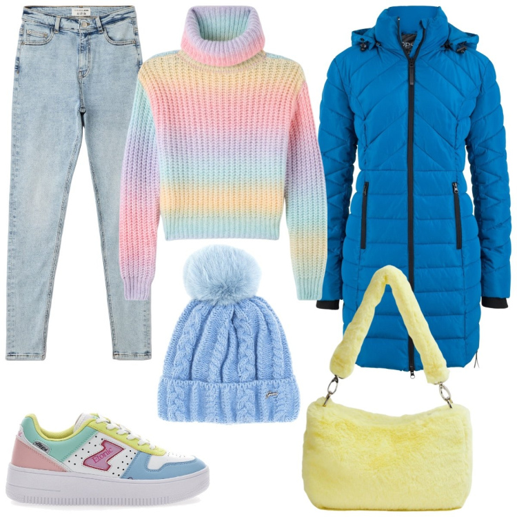 Outfit donna - Vivere a colori. Stile Casual per Tutti i giorni. Abbinamento con blazer, maglieria, jeans skinny, borse a spalla, sneakers, berretti.
