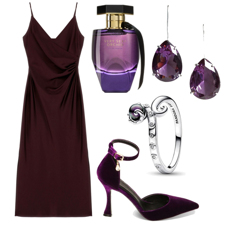 Outfit donna - Vampira. Stile Sexy per Serata fuori. Abbinamento con profumi, vestiti midi/longuette, décolleté, orecchini, anelli.