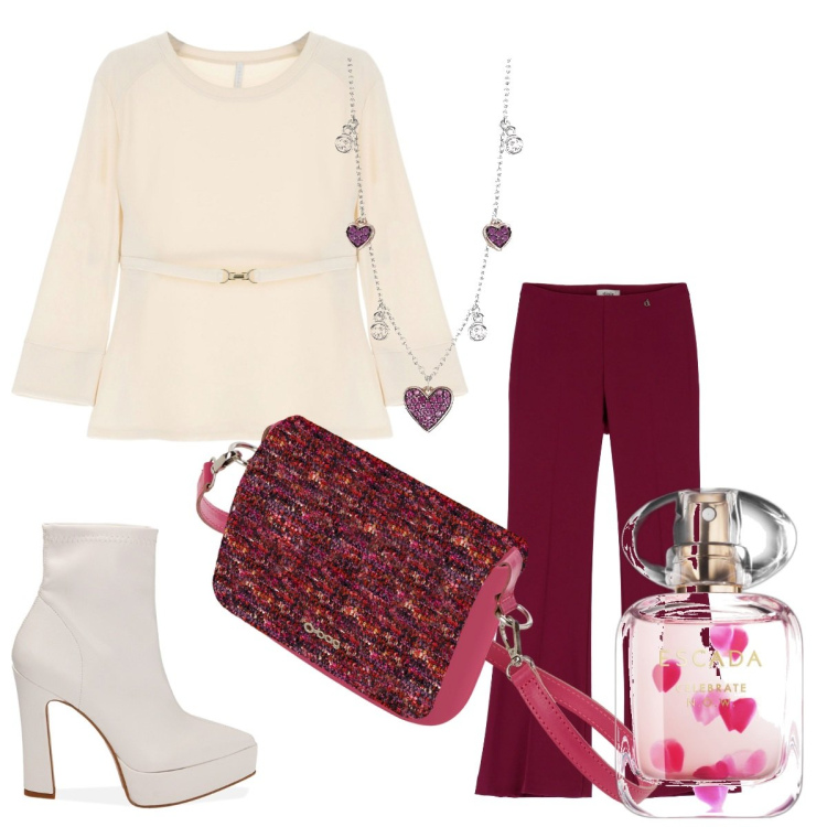 Outfit donna - Aspettando le feste. Stile Basic per Serata fuori. Abbinamento con profumi, collane, maglieria, stivaletti, pantaloni, borse a spalla.