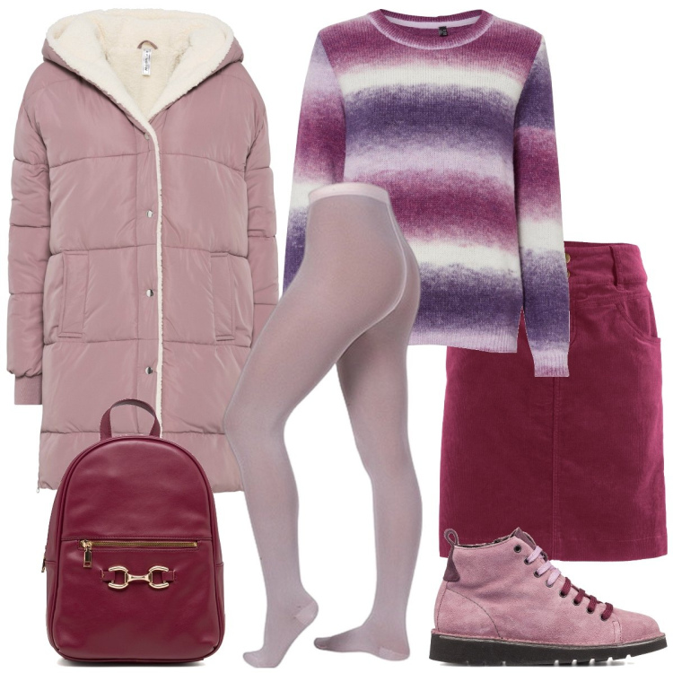 Outfit donna - Università. Stile Casual per Scuola/Università. Abbinamento con gonne lunghe, cappotti, maglieria, collant, stivaletti, zaini.