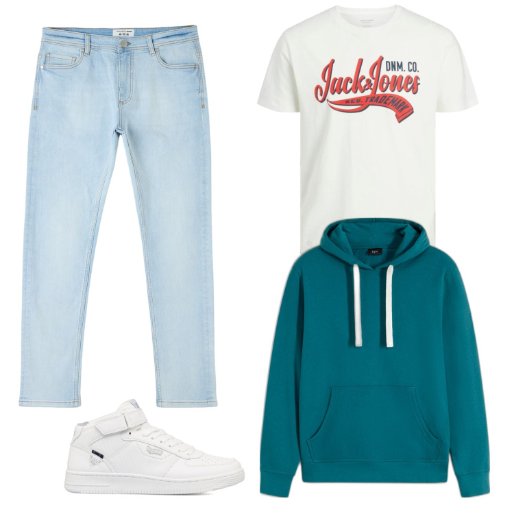 Outfit uomo - Total look #1777614. Stile Casual per Tutti i giorni. Abbinamento con felpe con cappuccio, jeans skinny, sneakers alte, t-shirt.