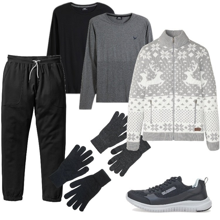 Outfit uomo - Xmas e sport- Dicembre. Stile Trendy per Sport. Abbinamento con pantaloni sportivi, blazer taglio dritto nero, maglieria, guanti, sneakers.