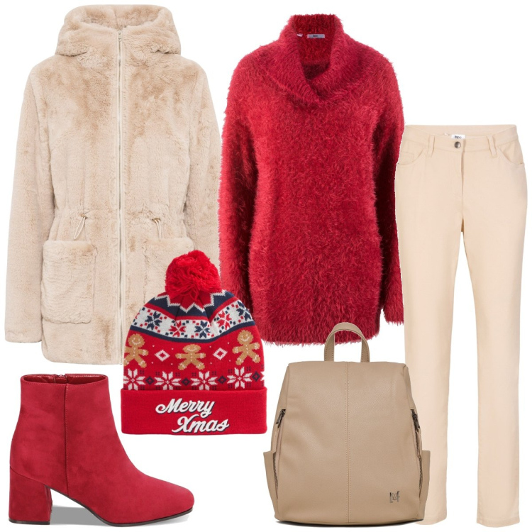 Outfit donna - Passeggiata al parco. Stile Casual per Tutti i giorni. Abbinamento con ecopellicce, maglieria, pantaloni, berretti, stivaletti, zaini.