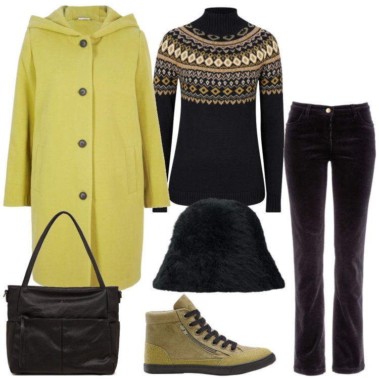 Outfit donna - Giornata fredda. Stile Casual per Tutti i giorni. Abbinamento con pantaloni, cappotti, maglieria, sneakers, borse a tracolla, cappelli.