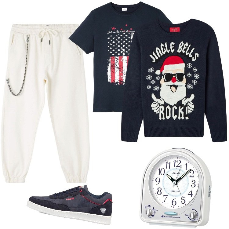 Outfit uomo - Speciale Xmas - Dicembre. Stile Biker Rock per Serata speciale. Abbinamento con t-shirt, pantaloni sportivi, maglieria, sneakers, orologi.