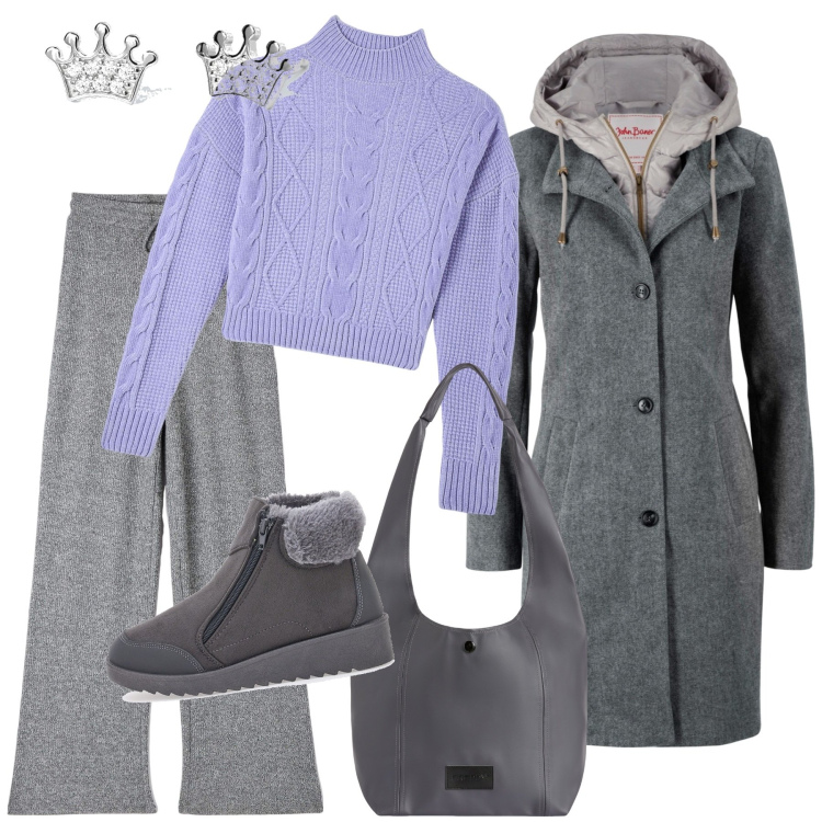 Outfit donna - Nevicata in arrivo. Stile Casual per Tutti i giorni. Abbinamento con cappotti, pantaloni, maglieria, orecchini, borse a spalla, stivali da neve.