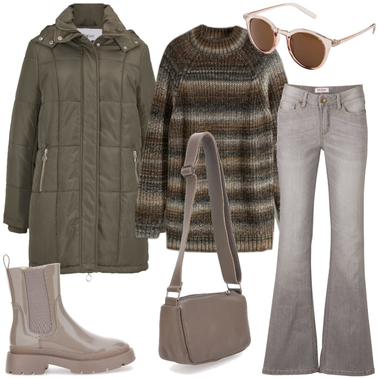 Outfit donna - In città. Stile Casual per Tutti i giorni. Abbinamento con jeans bootcut, maglieria, cappotti, occhiali da sole, stivaletti, borse a tracolla.