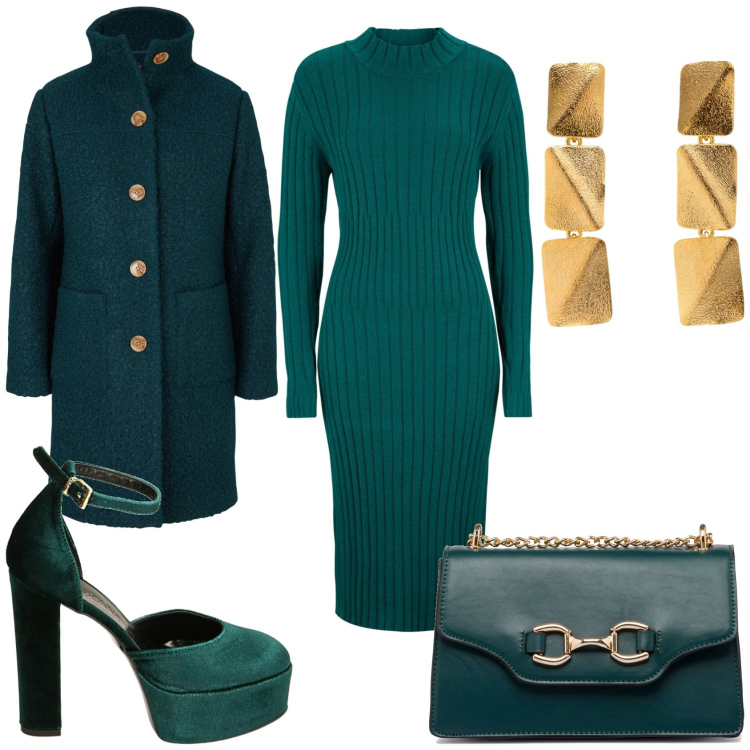 Outfit donna - Verde per la serata. Stile Glamour per Serata fuori. Abbinamento con cappotti, vestiti midi/longuette, décolleté, borse a tracolla, orecchini.