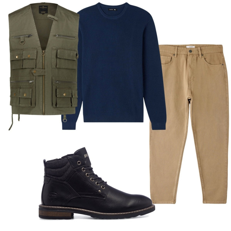 Outfit uomo - Total look #1777738. Stile Casual per Tutti i giorni. Abbinamento con anfibi, gilet, pantaloni, maglieria.